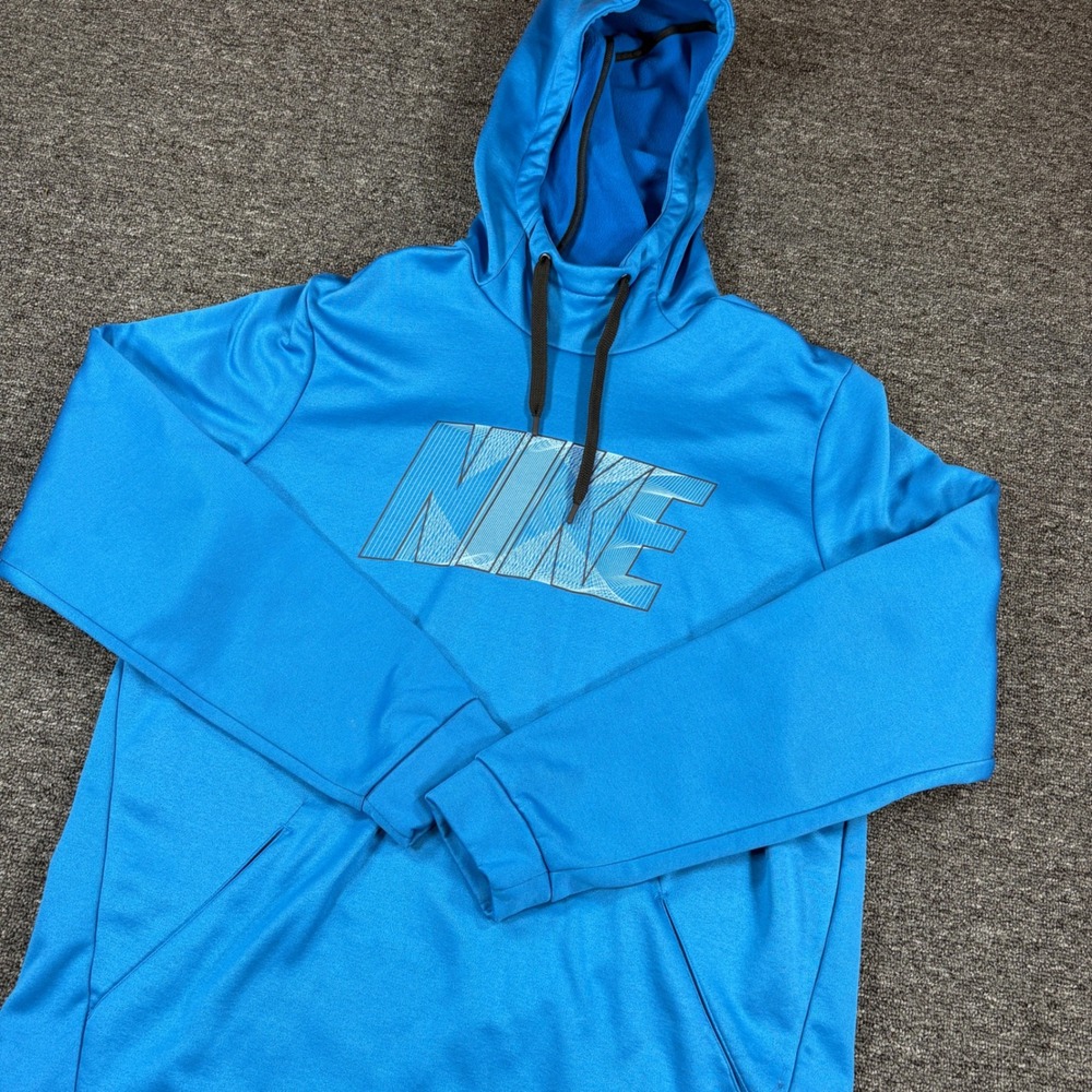 Nike Hoodie Mens Large Blue Dri-FIT Pullover Graphic Logo Fleece Sweatshirt